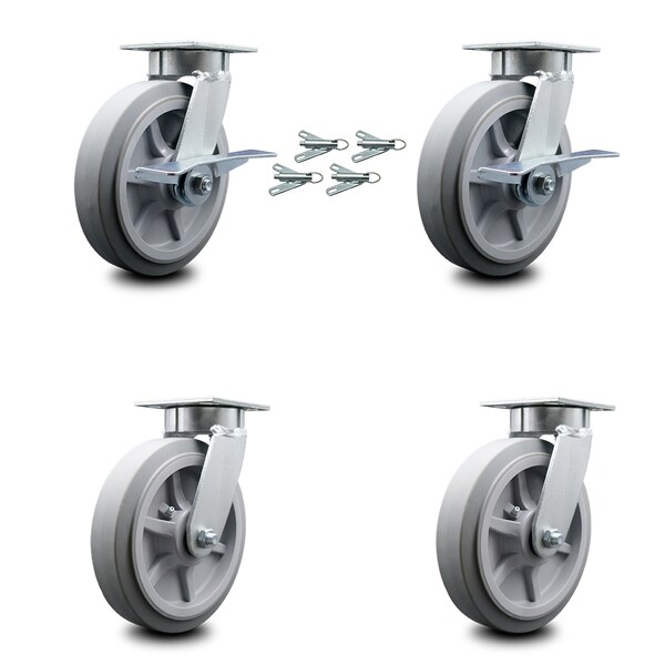 Service Caster 8 Inch Kingpinless Thermoplastic Rubber Wheel Caster Swivel Locks 2 Brakes, 4PK SCC-KP30S820-TPRRF-SLB-BSL-2-BSL-2 - main